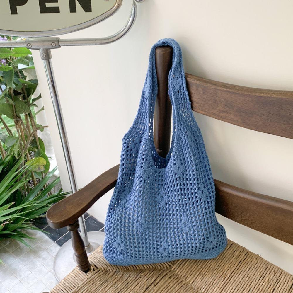Braided Crochet Flower Tote Bag Solid Color Beach Bag Sweet Hollow Out Knitted Weave Bag  Daily