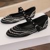 Fashion Retro Rivet Mary Jane Shoes Women Belt Buckle Shallow Round Toe Single Shoes Female Fashion Suede Elegant Dress Shoes Ladies
