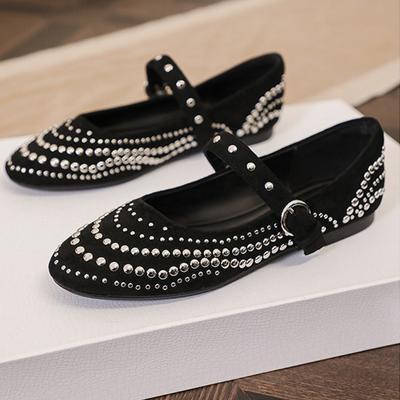 Fashion Retro Rivet Mary Jane Shoes Women Belt Buckle Shallow Round Toe Single Shoes Female Fashion Suede Elegant Dress Shoes Ladies
