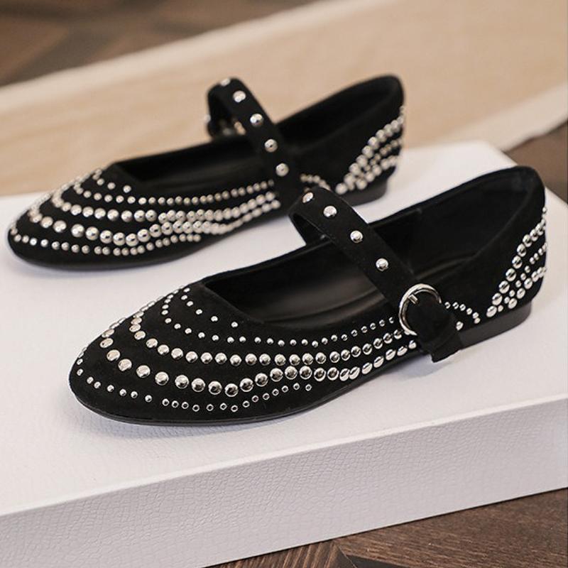 Fashion Retro Rivet Mary Jane Shoes Women Belt Buckle Shallow Round Toe Single Shoes Female Fashion Suede Elegant Dress Shoes Ladies