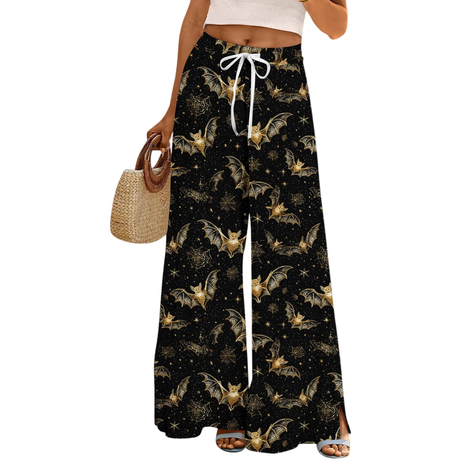 

Ladies Loose And Casual Halloween Printed Wide Leg Pants With Elastic Waistband Drawstring And Pocket Pants S чорний