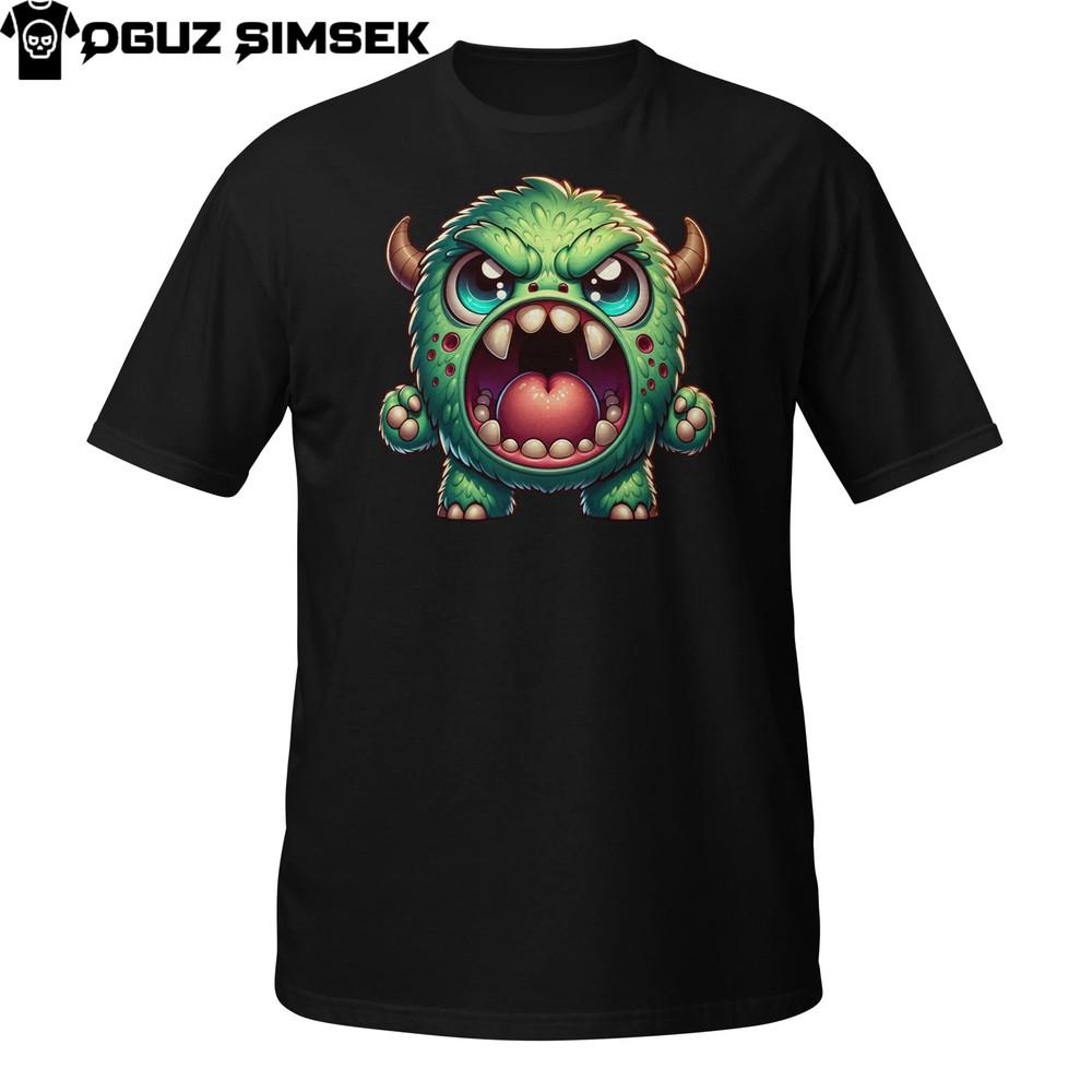 

Screaming Green Monster T-Shirt | Angry Cartoon Beast Graphic Tee With Horns L