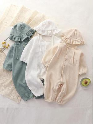 Newborn Long-Sleeve Cotton Romper - Solid Color Gauze for Crawling