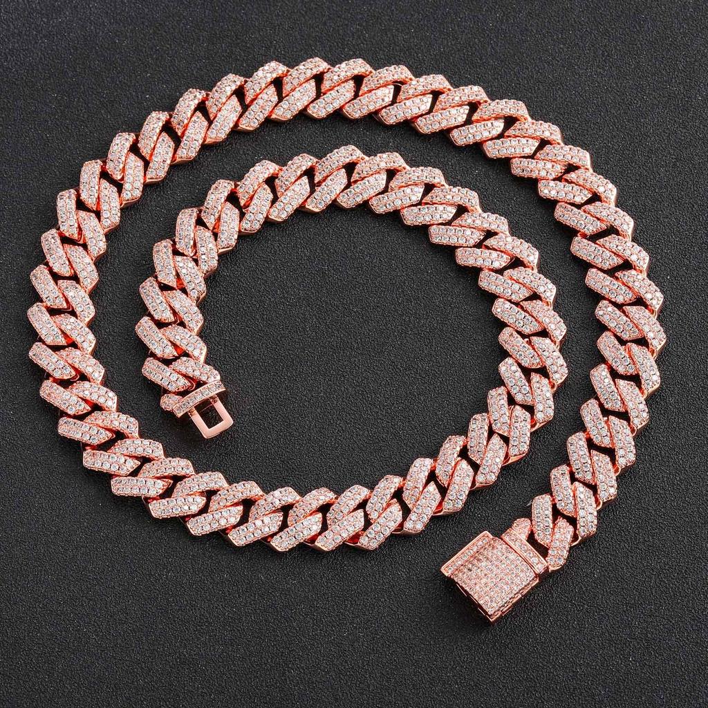 Men's Hip Hop Bar Cuban Necklace Hiphop Copper with Zircon 14mm Rhombus Cuban Chain Hip Hop Necklace