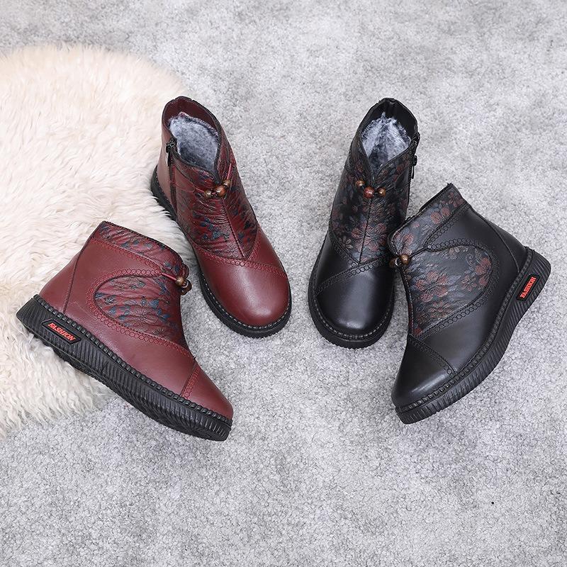 Women's Embroidered Floral Winter Boots, Non-Slip Soft Sole Warm Faux Fur Lined Ankle Boots, Comfortable Cotton-Padded Shoes for Women