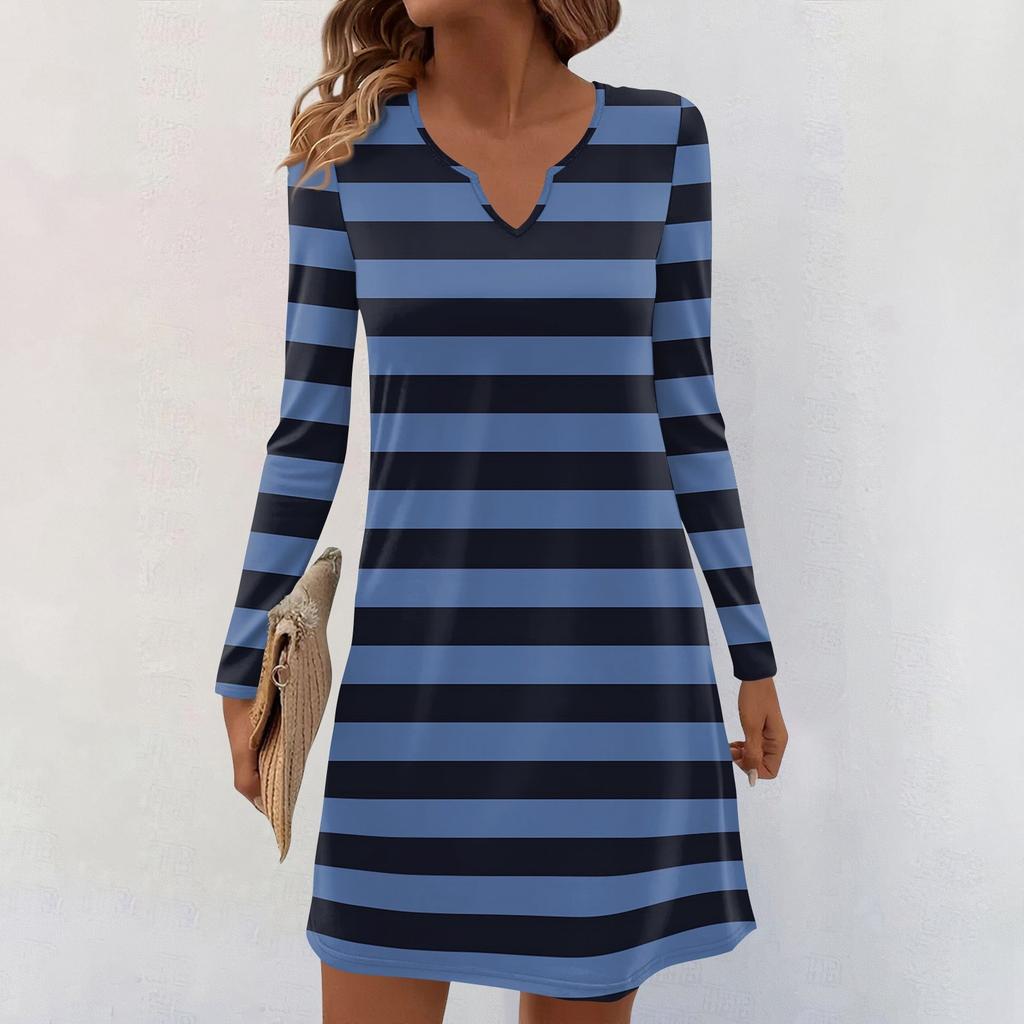 Women's Long-sleeved Casual Midi Dresses V-Neck Print  Casual Dress