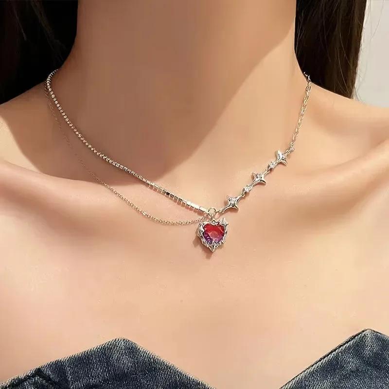 Gradient Purple Zircon Star Heart Necklace Crystal Cross Star Chain for Girls Simple and Atmospheric with a Variety of Clothing