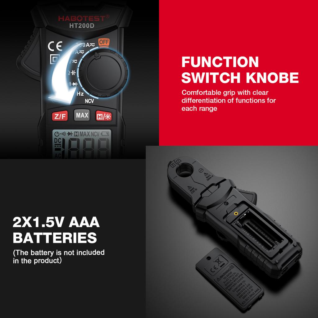 HABOTEST HT200D Digital Clamp Meter 2000 Counts True RMS NCV 600V Voltage 200A DCAC Current