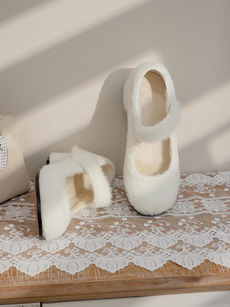 2025 Autumn and Winter New Plush Plush Mary Jane Shoes Women's French Plush Shoes Women's Thick Heel White Single Shoes