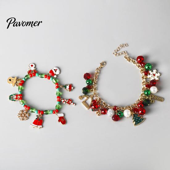 Holiday Jewelry Gifts Christmas Charm Bracelet for Women, Santa Claus Snowman Bell Glove Festive Snowflake Bangle Tree Pendant Bracelet, Adjustable