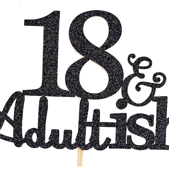 Black Glitter 18 and Adultish Cake Topper for Eighteen Birthday Party, Time To Adult Cake Decorations, 18th Birthday Party Decorations for Girls Boys