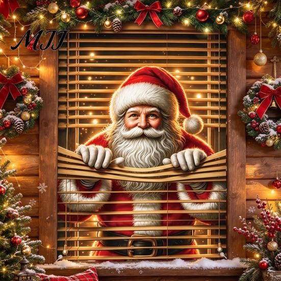 Durable Polyester Window Drapes Christmas Cover Banner with Santa Claus and Elk Patterns, Xmas Blackout Curtains for Peeking Ornament, Wall