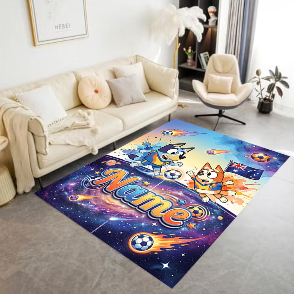 Bluey's Soccer Fun Customizable Name Floor Mat Suitable for Entryway Dormitory Dining Room Decorate room Anti-slip Rug Anime Office Decor