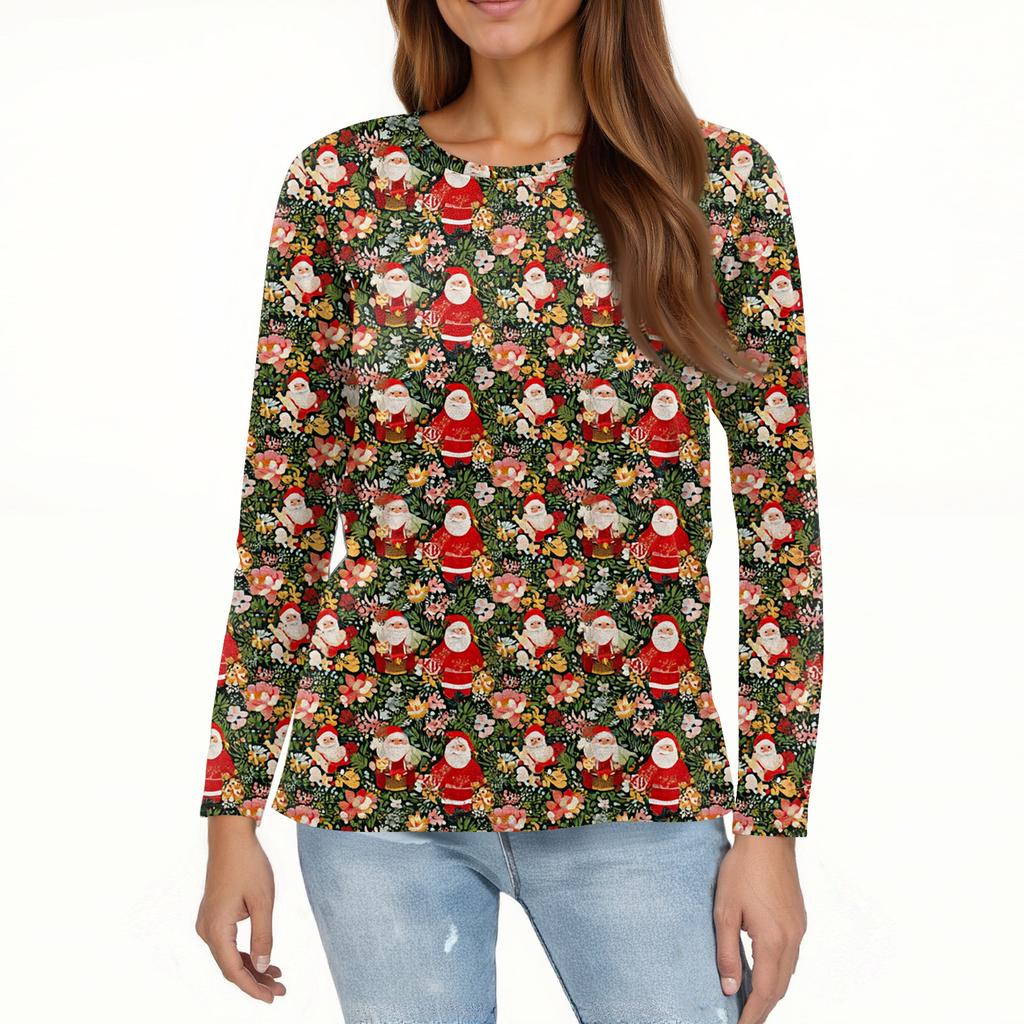 Women's Fashion Hem Slit Casual Christmas Printed Round Neck Long Sleeve Top