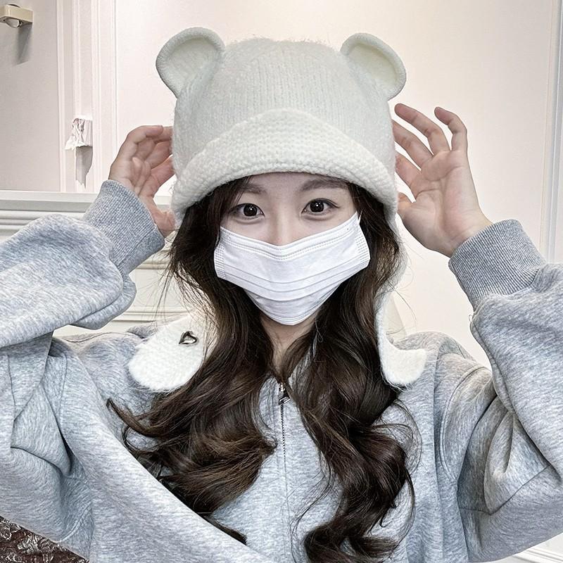 2026 autumn and winter new wool hat female cute bear ear protection cycling warm knitted scarf scarf integrated