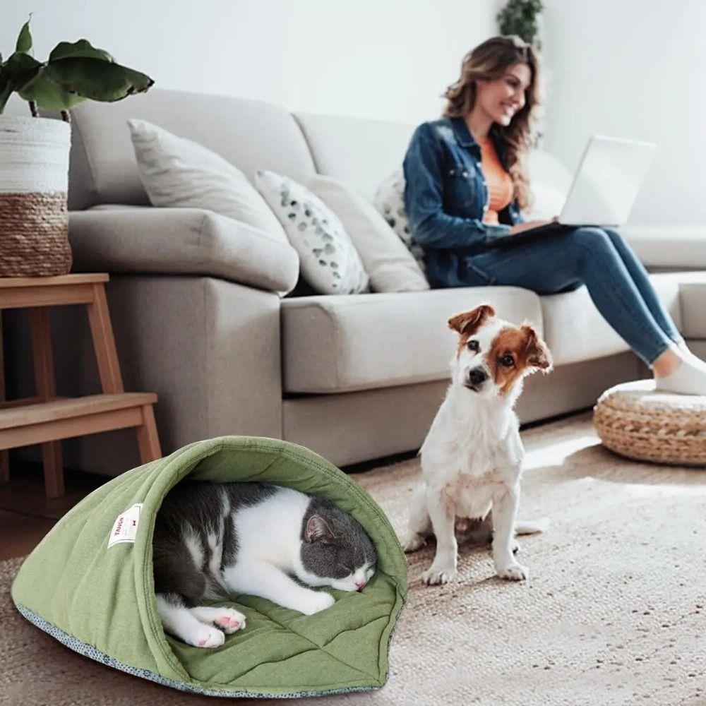 Neuer Leinenstoff Katzen-Schlafsack Weiches Haltbares Blatt-Nest Waschbare Hülle Anti-Angst Thermisch Waschbares Bett Welpen Kätzchen