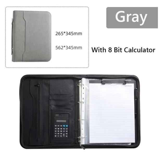 A4 PU Leather Business Padfolio Organizer Case Binder Manager Document Pad Office Zippered Briefcase File Folder with Calculator