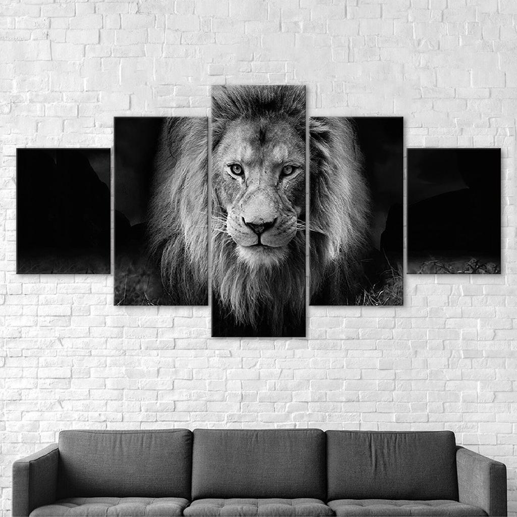 Lion Wild Animal Black and White Scene 5 Piece Five Panel Wall Canvas Print Modern Art Poster Picture Home Decor Gift For Him For Her
