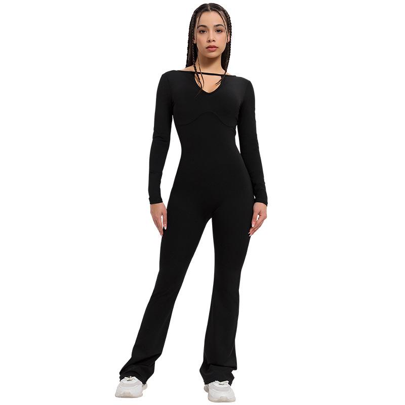 

Женский комбинезон-клеш с солнцезащитой 2025: Высокоэластичный, быстросохнущий костюм для йоги и спортивных тренировок с V-образным вырезом Small чёрный