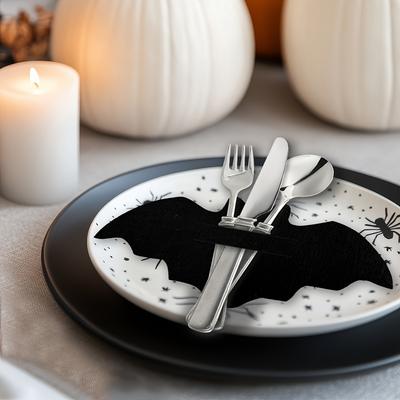 Halloween Schwarze Fledermaus Tischsets, Messer- und Gabelhalter, Süßigkeiten-Clips, Geeignet für verschiedene Anlässe einschließlich Zuhause, Küche, Hotel