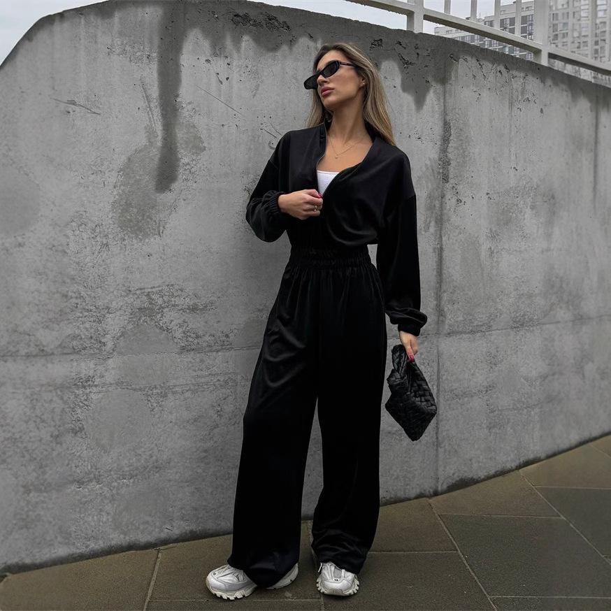 European and American Autumn and Winter Women's New Fashion Long-sleeved Jumpsuit Women's Casual Semi-open Elastic Waist Jumpsuit