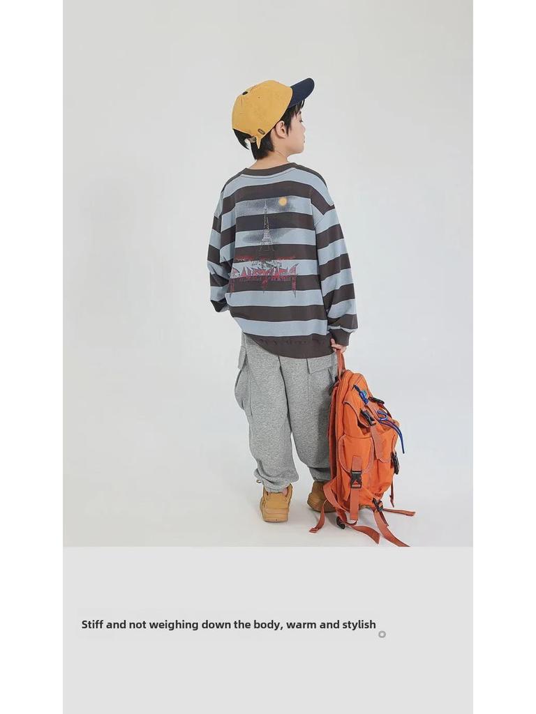 2025 Spring Boys' Striped Terry Cotton Sweatshirt with Panda Print