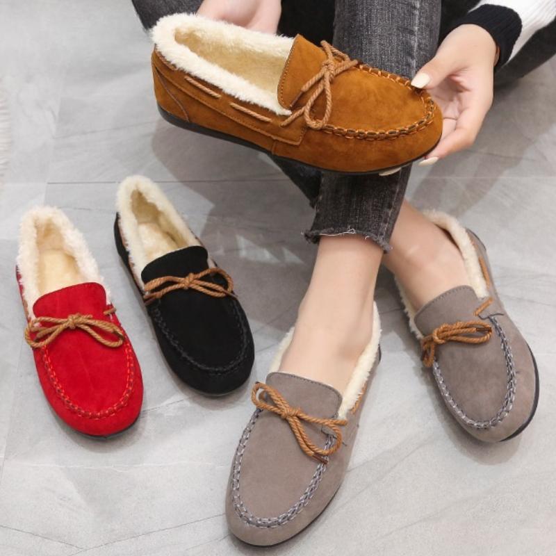 2025 Winter Women's New Bean Shoes Fashionable, Comfortable, Warm, Plush Bow Women's Cotton Shoes Casual Non slip Flat Shoes