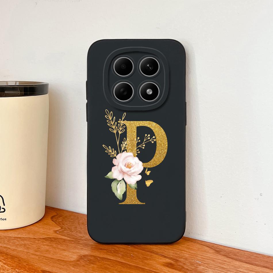 Floral Gold Letters Cover For Poco M8 Pro Phone Case Soft Smooth Liquid Silicone Anti Drop Protective High Quality Couple Bumper