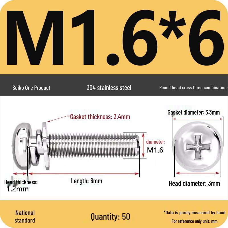 304 Stainless Steel Round Head Phillips Screw with Flat Washer (Sizes M3, M4, M5, M6)
