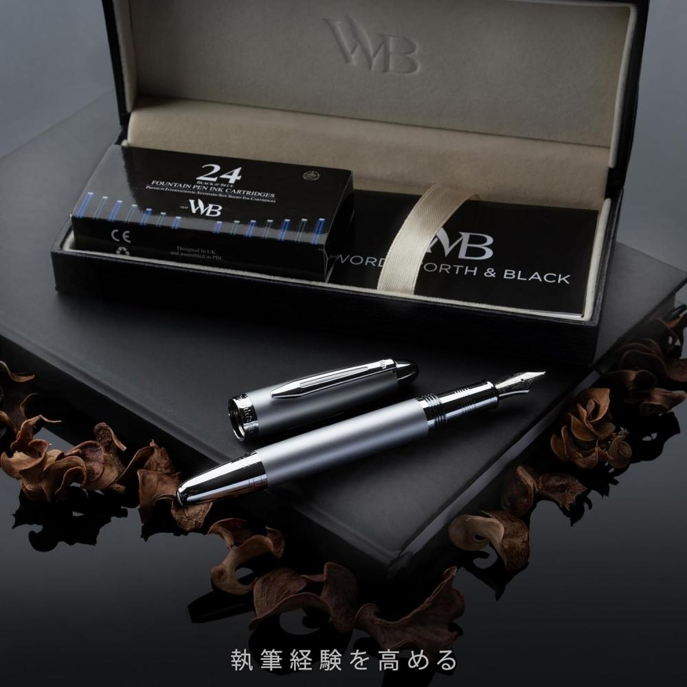 Wordsworth   Black Fountain Pen   Silver  Luxury Case  24k Gold Finish  18k Gold