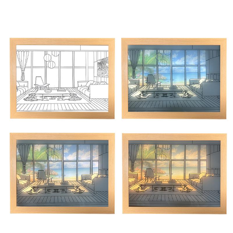 INS Deco Led Light Painting USB Plug Dimming Wall Artwork Table Lamp Gift Indoor Sunlight Window Wooden Photo Night Luminous