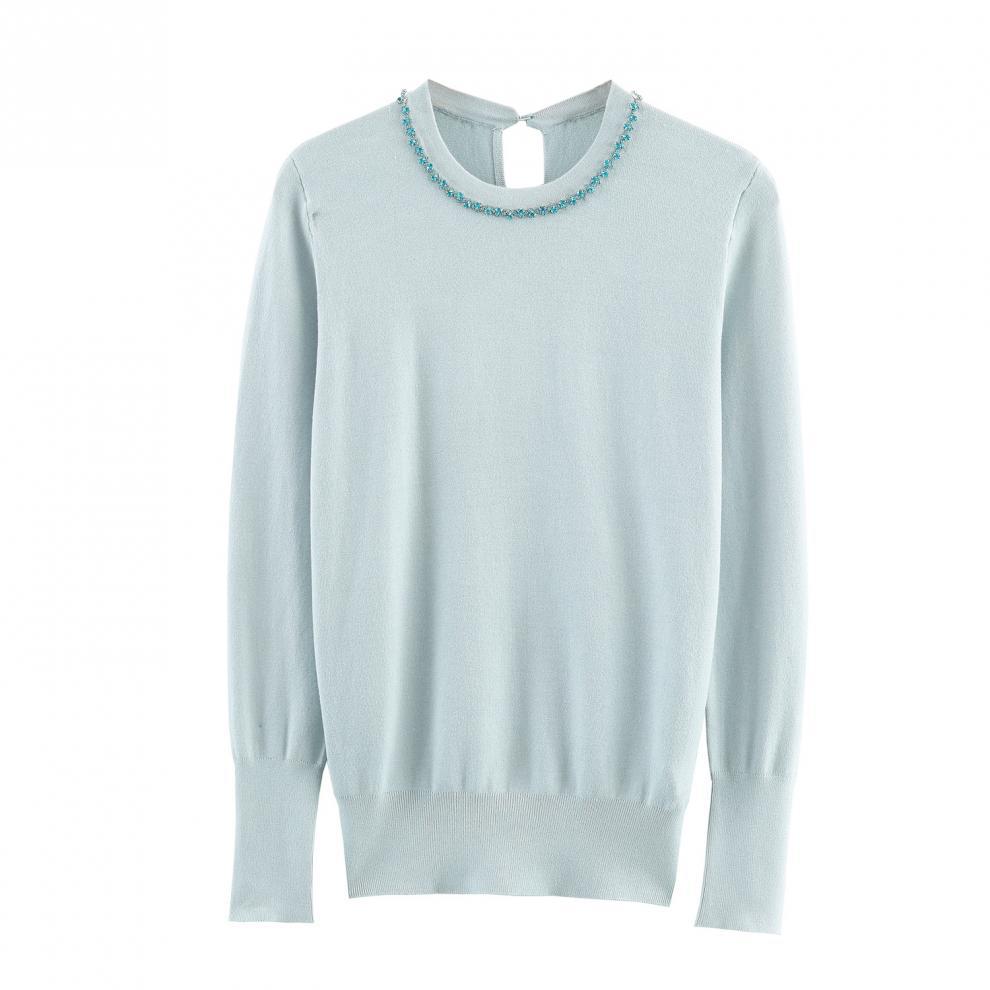 European and American Style, New Women's Clothing, Fashionable and Versatile Cross-border French Crew Neck Solid Color Jewelry Knitted Sweater