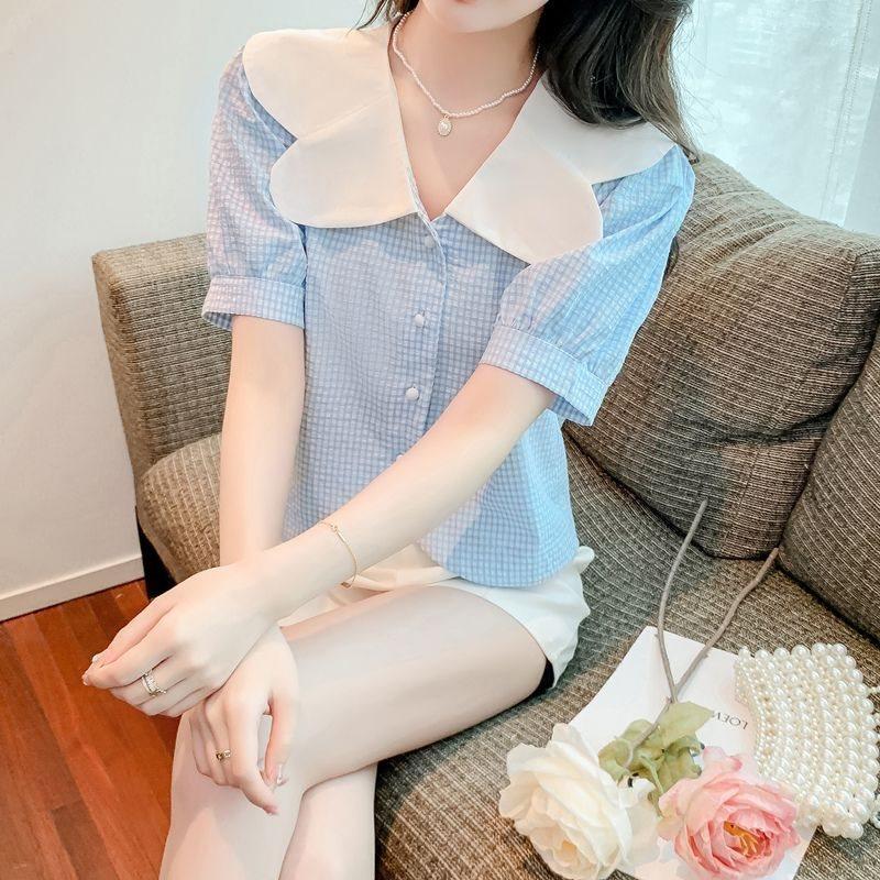 Summer Womens Blouse With Bubble Sleeves And French Collared Design For Casual Wear