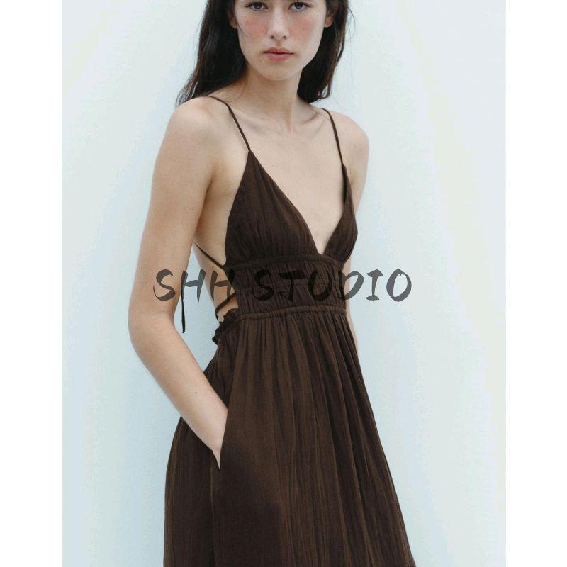 Summer New Product Women's Clothes Vacation Style Cotton Bowknot Decoration Tulle Open Back Midi Skirt Dress 0881220