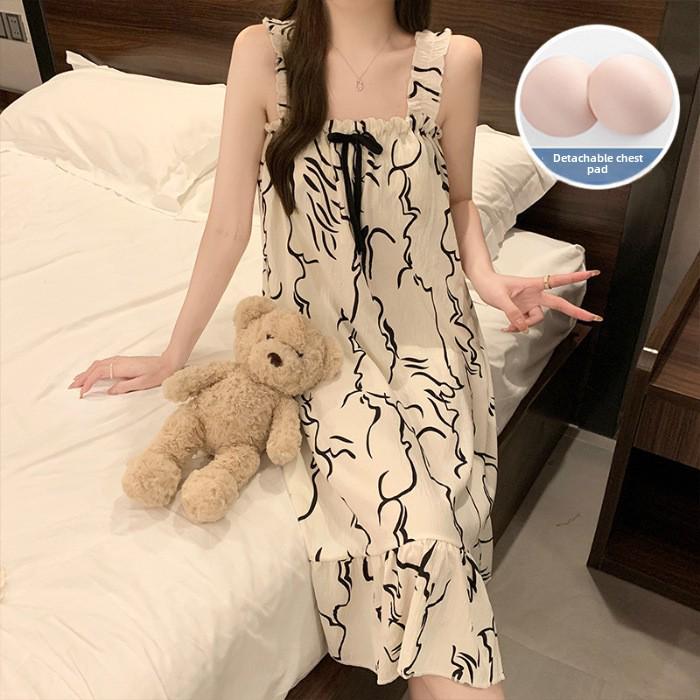 Women's Summer Pajamas - Cute Sweet Sling with Chest Pads, Medium/Long Loose Nightdress, Thin Home Wear