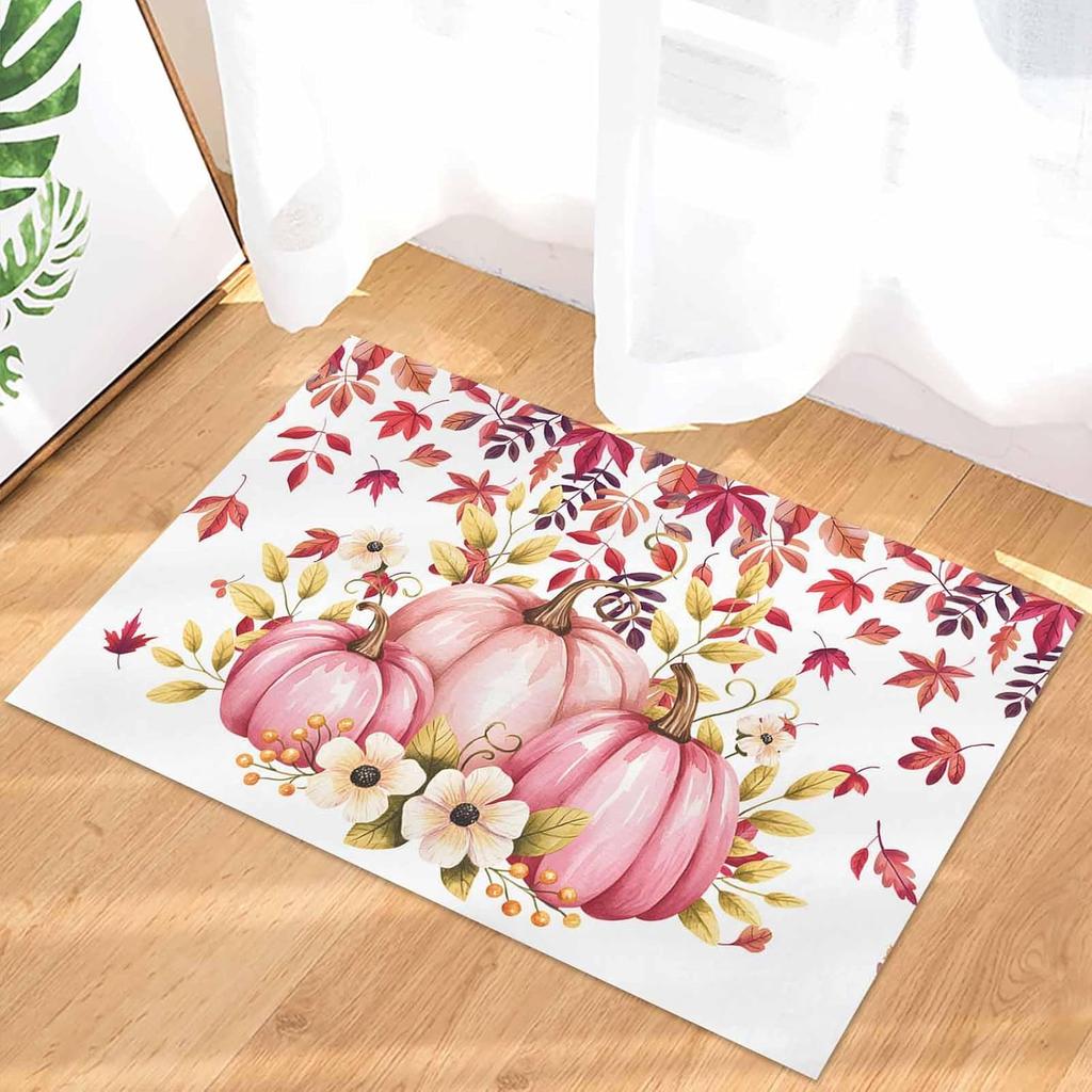 Fall Pink Pumpkins Flowers Leaves Welcome Doormats Decor Kitchen Corridor Balcony Rugs Bedroom Beside Foot Mat Non-Slip Floormat
