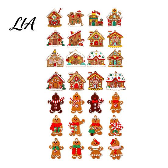 Decorative Cookie Style Tree Hanging 12/16/24PCS Wooden Christmas Ornaments, Gingerbread Man & House Decorations, Lightweight Xmas Charms Ornaments