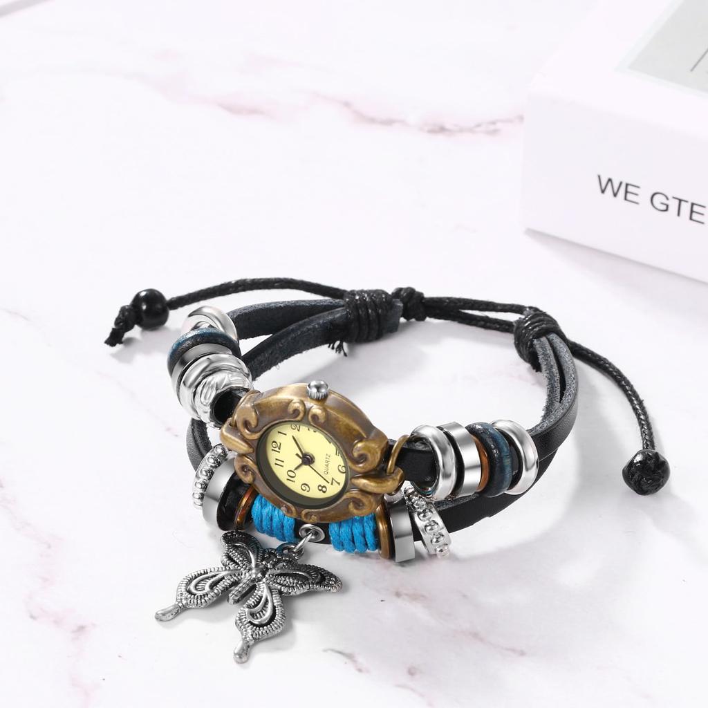 Hodinky Starožitný motýlový náramek Modlitební korálky Pletený kožený opasek Analogový Ležérní doplňky Narozeninový vánoční dárek pro přítelkyni Dámské