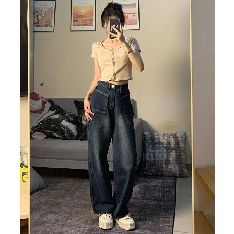 Plus Size Retro Blue Wide Leg Jeans for Pear Shaped Women XS