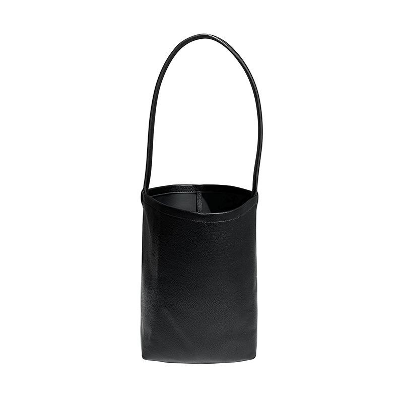 Bucket bag logo shoulder bag large capacity high sense solid color simple leather cylinder mother and child bag