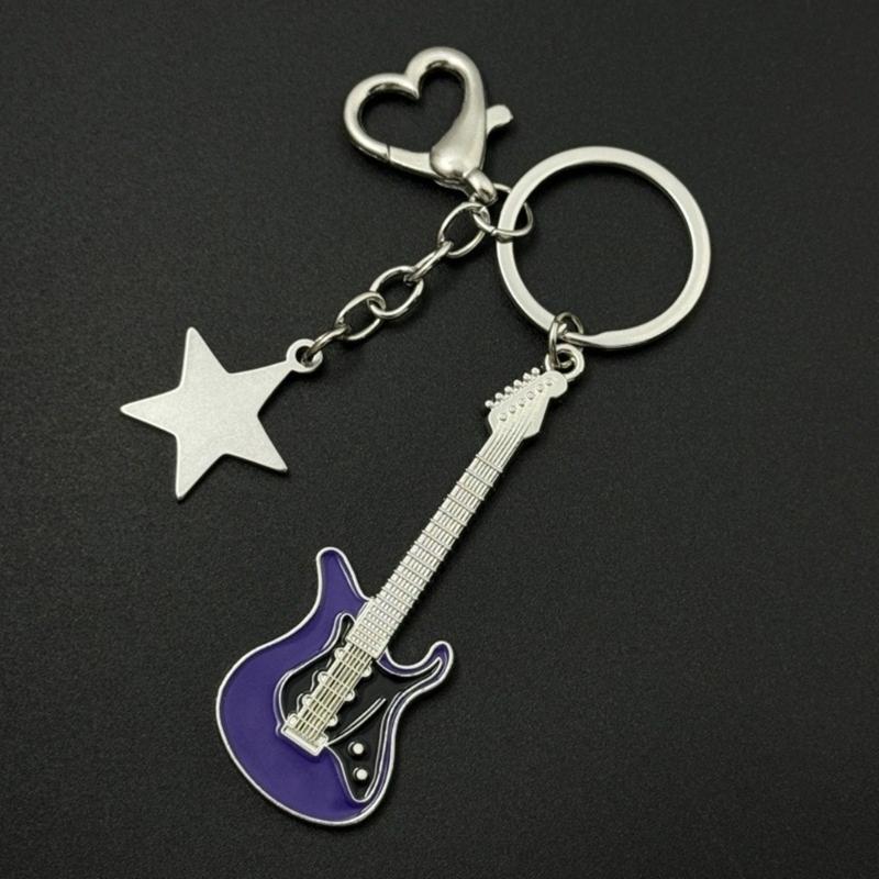 Fashion Star Guitar Keychain Pendant Simple Hanging Decorations Keyring Charm for Purse Bag Backpack Handbag