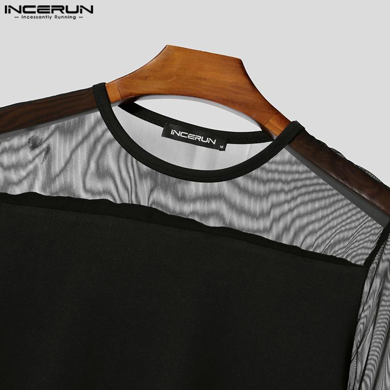 INCERUN Men Short Sleeve Mesh Sheer Patchwork Fitted T-shirts