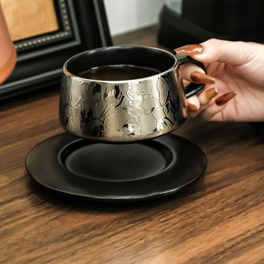 Mirror Silver Floral Ceramic Cup Saucer Set Electroplated Porcelain Coffee Cup for Espresso Latte Tea Modern Luxury Home Decor