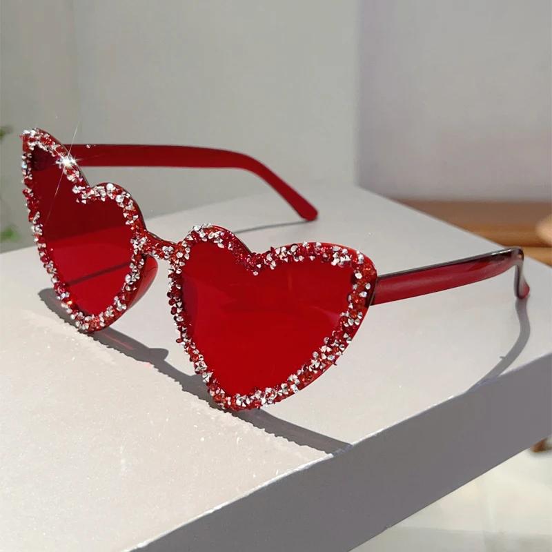 KAMMPT Heart Shaped Sunglasses with Rhinestones Women Stylish Candy Color Beach Rave Shades Trendy Sweet Handmade Sun Glasses