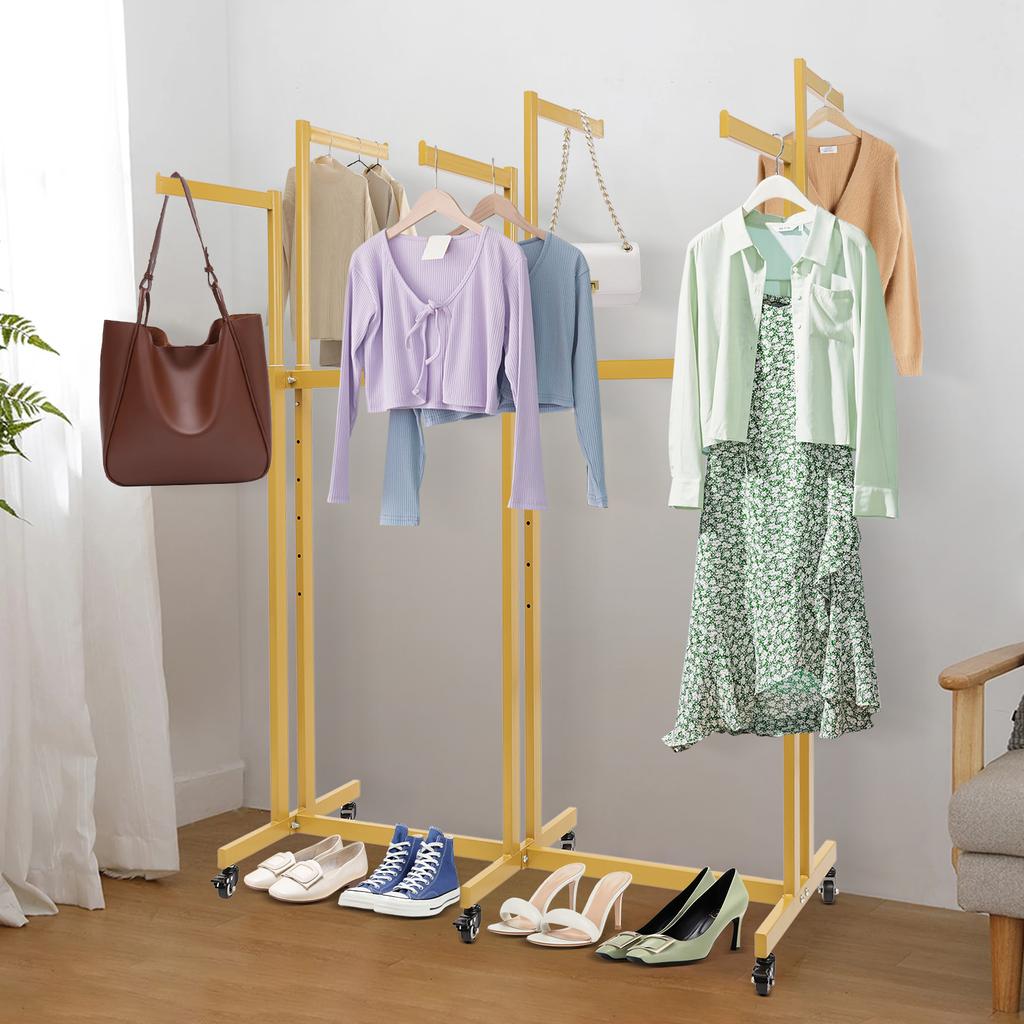 6-Arm Gold Iron Clothing Display Rack, Garment Retail Rack with Smooth Rolling Wheels,Adjustable Height Shirt Display Rack