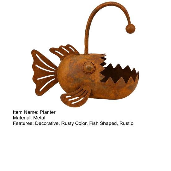 Baizihuahu Fish Shaped Metal Planter, Rustic Anglerfish Flower Pot, Decorative Rusty Plant Pot for Succulents Cacti Small Plants