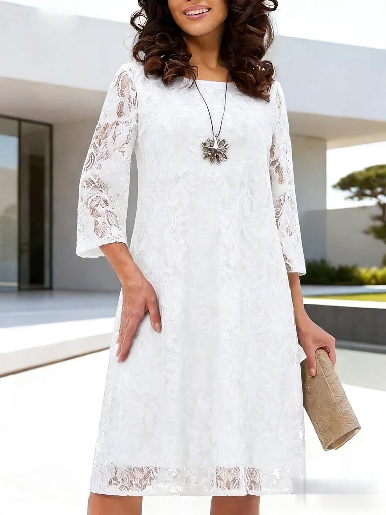 Elegant Seven-Sleeve Round Neck Lace Pleated Dress with Double-Layer Lining