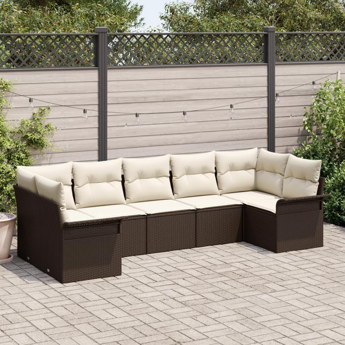 VidaXL Set de Canapé de Jardin en 7 pièces avec Coussins Marron Poly Rotin 3345508