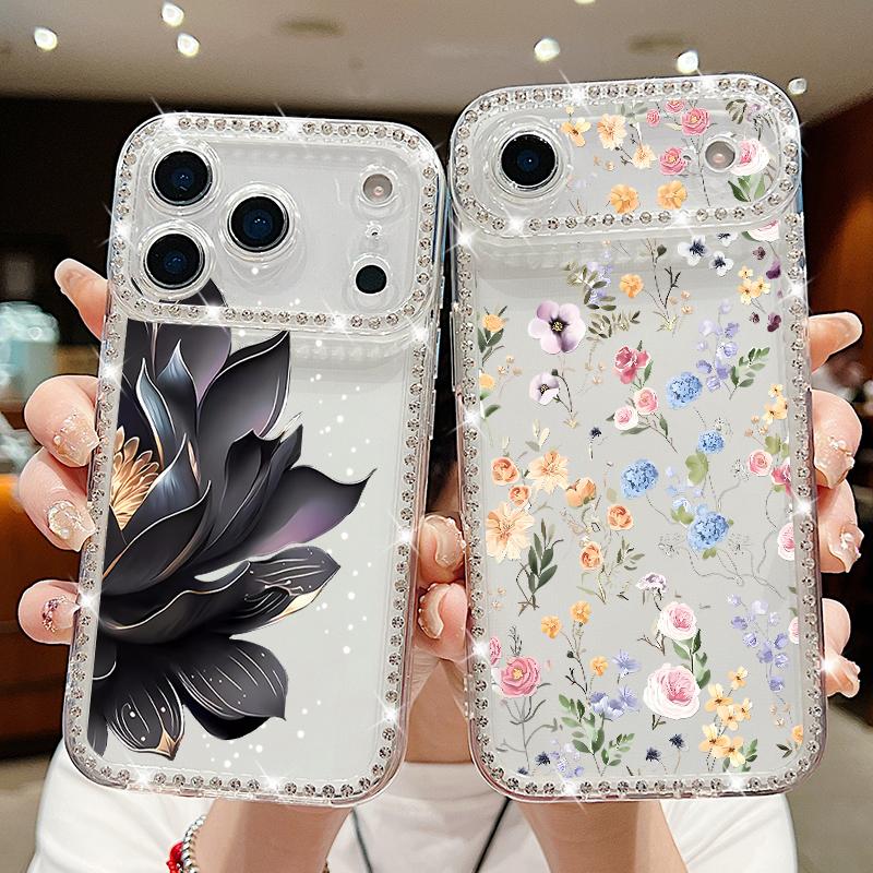 Flower Print Shockproof TPU Case For iPhone 17 Pro Max 16e 16 15 14 13 15 Pro 17 TPU Bling Diamond Soft Silicone Phone Cover