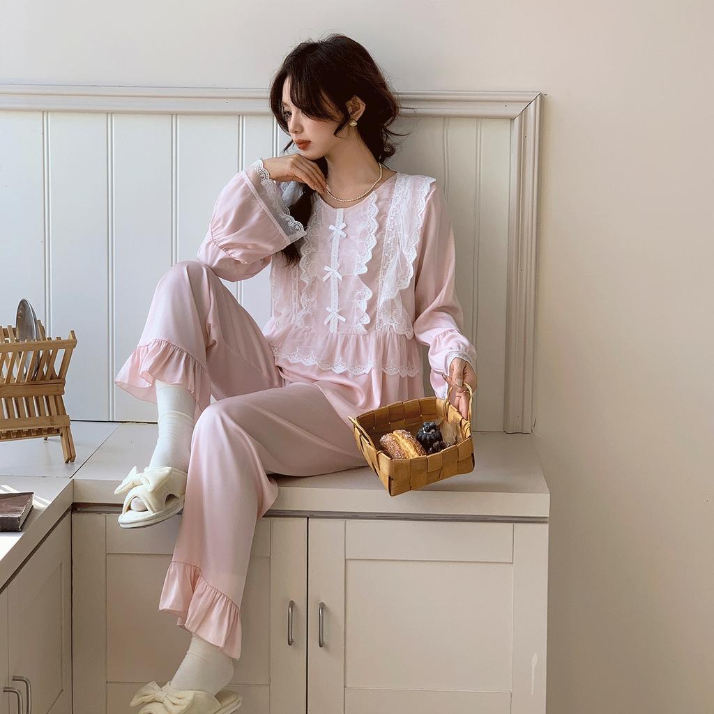 Spring and Autumn New Satin Silk Crew Neck Lace Long Sleeve Pants Pajamas Sexy Ice Silk Thin Loose Two-piece Set